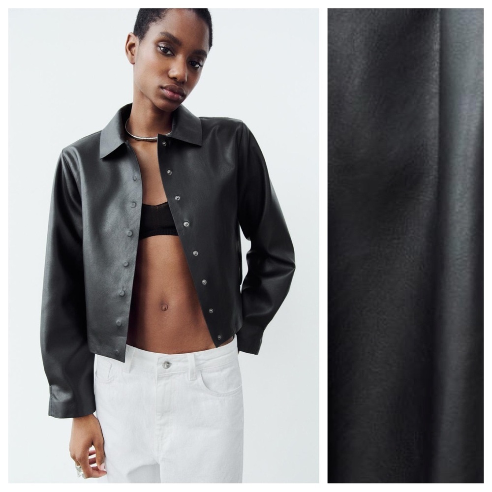 NWOT. Zara Black Faux Leather Cropped Bomber Jacket. Size L.